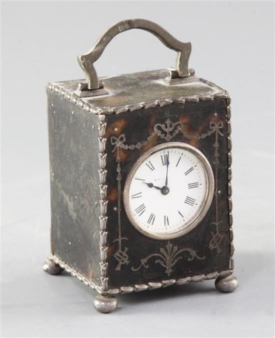 A silver mounted tortoiseshell boudoir timepiece, William Comyns, London 1907, height 9.5cm